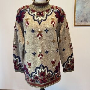 VTG Liz Sport Tan Wool Blend Mock Neck Knit Tunic Sweater Medium